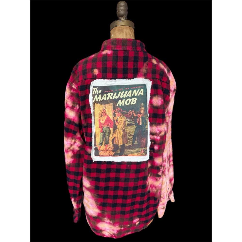 Vintage Marijuana Propaganda Flannel Bleach Dye Buffalo Plaid Shirt - Picture 2 of 7